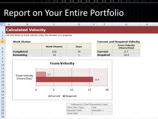 Report on Your Entire PortfolioCustomizable DashboardsSharePoint web partsTFSWAExcel reports using MOSSRelational warehouseExcel reporting