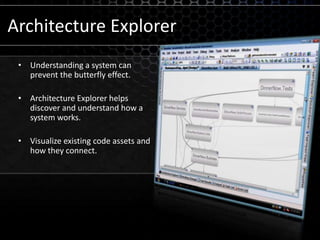 Architecture ExplorerUnderstanding a system can prevent the butterfly effect.Architecture Explorer helps discover and understand how a system works.Visualize existing code assets and how they connect.
