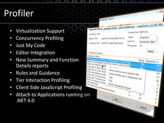 ProfilerVirtualization SupportConcurrency ProfilingJust My CodeEditor IntegrationNew Summary and Function Details reportsRules and GuidanceTier Interaction Profiling Client Side JavaScript Profiling Attach to Applications running on .NET 4.0