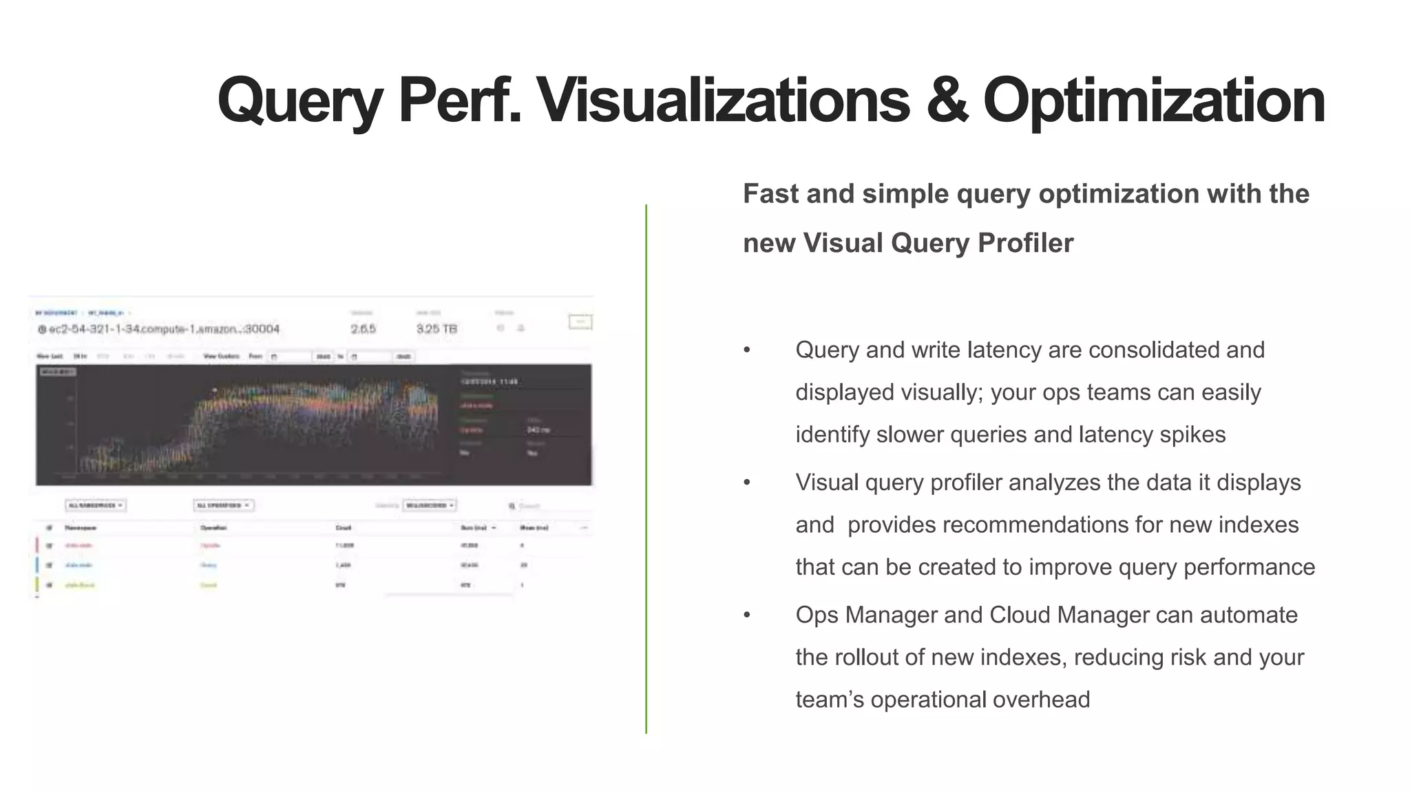 Query Perf. Visualizations & Optimization
Fast and simple query optimization with the
new Visual Query Profiler
• Query and write latency are consolidated and
displayed visually; your ops teams can easily
identify slower queries and latency spikes
• Visual query profiler analyzes the data it displays
and provides recommendations for new indexes
that can be created to improve query performance
• Ops Manager and Cloud Manager can automate
the rollout of new indexes, reducing risk and your
team’s operational overhead
 