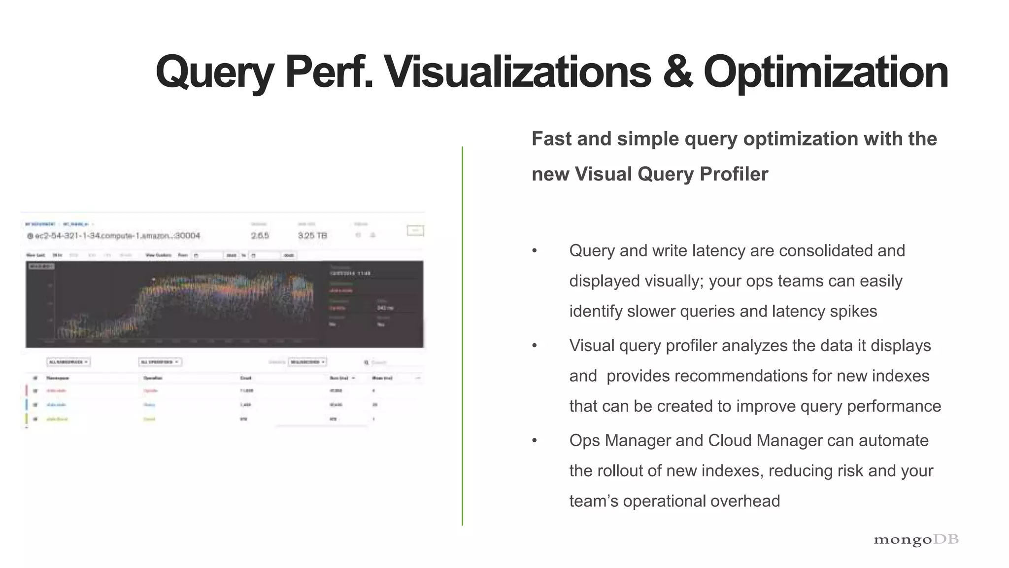 Query Perf. Visualizations & Optimization
Fast and simple query optimization with the
new Visual Query Profiler
• Query and write latency are consolidated and
displayed visually; your ops teams can easily
identify slower queries and latency spikes
• Visual query profiler analyzes the data it displays
and provides recommendations for new indexes
that can be created to improve query performance
• Ops Manager and Cloud Manager can automate
the rollout of new indexes, reducing risk and your
team’s operational overhead
 