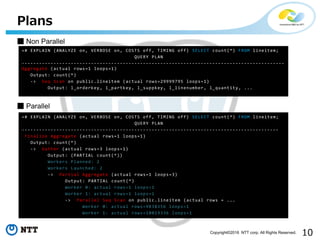 10Copyright©2016 NTT corp. All Rights Reserved.
Plans
=# EXPLAIN (ANALYZE on, VERBOSE on, COSTS off, TIMING off) SELECT count(*) FROM lineitem;
QUERY PLAN
-------------------------------------------------------------------------------------------
Aggregate (actual rows=1 loops=1)
Output: count(*)
-> Seq Scan on public.lineitem (actual rows=29999795 loops=1)
Output: l_orderkey, l_partkey, l_suppkey, l_linenumber, l_quantity, ...
=# EXPLAIN (ANALYZE on, VERBOSE on, COSTS off, TIMING off) SELECT count(*) FROM lineitem;
QUERY PLAN
-----------------------------------------------------------------------------------------
Finalize Aggregate (actual rows=1 loops=1)
Output: count(*)
-> Gather (actual rows=3 loops=1)
Output: (PARTIAL count(*))
Workers Planned: 2
Workers Launched: 2
-> Partial Aggregate (actual rows=1 loops=3)
Output: PARTIAL count(*)
Worker 0: actual rows=1 loops=1
Worker 1: actual rows=1 loops=1
-> Parallel Seq Scan on public.lineitem (actual rows = ...
Worker 0: actual rows=9838356 loops=1
Worker 1: actual rows=10019336 loops=1
■ Parallel
■ Non Parallel
 