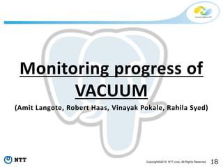 18Copyright©2016 NTT corp. All Rights Reserved.
Monitoring progress of
VACUUM
(Amit Langote, Robert Haas, Vinayak Pokale, Rahila Syed)
 