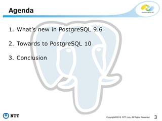 3Copyright©2016 NTT corp. All Rights Reserved.
1. What’s new in PostgreSQL 9.6
2. Towards to PostgreSQL 10
3. Conclusion
Agenda
 