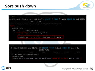 35Copyright©2016 NTT corp. All Rights Reserved.
Sort push down
-- 9.6
=# EXPLAIN (VEROBSE on, COSTS off) SELECT * FROM f_table ORDER BY col DESC;
QUERY PLAN
----------------------------------------------------------------------------
Foreign Scan on public.f_table
Output: col
Remote SQL: SELECT col FROM public.f_table ORDER BY col DESC NULLS FIRST
-- 9.5
=# EXPLAIN (VEROBSE on, COSTS off) SELECT * FROM f_table ORDER BY col DESC;
QUERY PLAN
----------------------------------------------------
Sort
Output: col
Sort Key: f_table.col DESC
-> Foreign Scan on public.f_table
Output: col
Remote SQL: SELECT col FROM public.f_table
 