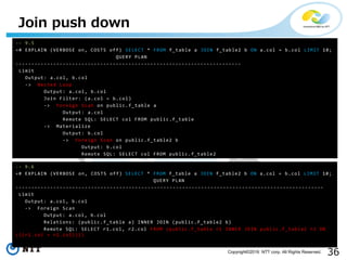 36Copyright©2016 NTT corp. All Rights Reserved.
Join push down
-- 9.5
=# EXPLAIN (VERBOSE on, COSTS off) SELECT * FROM f_table a JOIN f_table2 b ON a.col = b.col LIMIT 10;
QUERY PLAN
------------------------------------------------------------------------
Limit
Output: a.col, b.col
-> Nested Loop
Output: a.col, b.col
Join Filter: (a.col = b.col)
-> Foreign Scan on public.f_table a
Output: a.col
Remote SQL: SELECT col FROM public.f_table
-> Materialize
Output: b.col
-> Foreign Scan on public.f_table2 b
Output: b.col
Remote SQL: SELECT col FROM public.f_table2
-- 9.6
=# EXPLAIN (VERBOSE on, COSTS off) SELECT * FROM f_table a JOIN f_table2 b ON a.col = b.col LIMIT 10;
QUERY PLAN
--------------------------------------------------------------------------------------------------
Limit
Output: a.col, b.col
-> Foreign Scan
Output: a.col, b.col
Relations: (public.f_table a) INNER JOIN (public.f_table2 b)
Remote SQL: SELECT r1.col, r2.col FROM (public.f_table r1 INNER JOIN public.f_table2 r2 ON
(((r1.col = r2.col))))
 