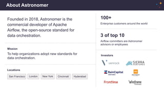 About Astronomer
Founded in 2018, Astronomer is the
commercial developer of Apache
Airflow, the open-source standard for
data orchestration.
100+
Enterprise customers around the world
Locations
San Francisco London New York Cincinnati Hyderabad
Investors
3 of top 10
Airflow committers are Astronomer
advisors or employees
Mission
To help organizations adopt new standards for
data orchestration.
 