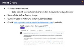 Helm Chart
● Donated by Astronomer
○ Battle-tested & used by hundreds of production deployments run by Astronomer
● Uses official Airflow Docker Image
● Currently used in Airflow CI to run Kubernetes tests
● Check https://github.com/apache/airflow/tree/master/chart for details
 