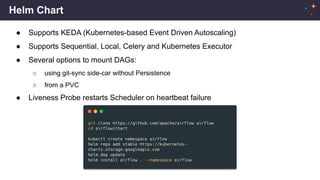 Helm Chart
● Supports KEDA (Kubernetes-based Event Driven Autoscaling)
● Supports Sequential, Local, Celery and Kubernetes Executor
● Several options to mount DAGs:
○ using git-sync side-car without Persistence
○ from a PVC
● Liveness Probe restarts Scheduler on heartbeat failure
 