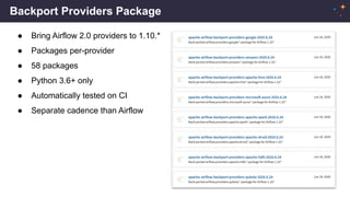 Backport Providers Package
● Bring Airflow 2.0 providers to 1.10.*
● Packages per-provider
● 58 packages
● Python 3.6+ only
● Automatically tested on CI
● Separate cadence than Airflow
 
