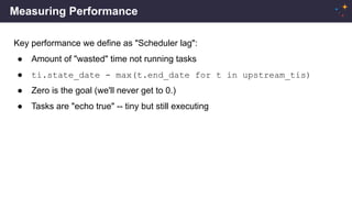 Measuring Performance
Key performance we define as "Scheduler lag":
● Amount of "wasted" time not running tasks
● ti.state_date - max(t.end_date for t in upstream_tis)
● Zero is the goal (we'll never get to 0.)
● Tasks are "echo true" -- tiny but still executing
 