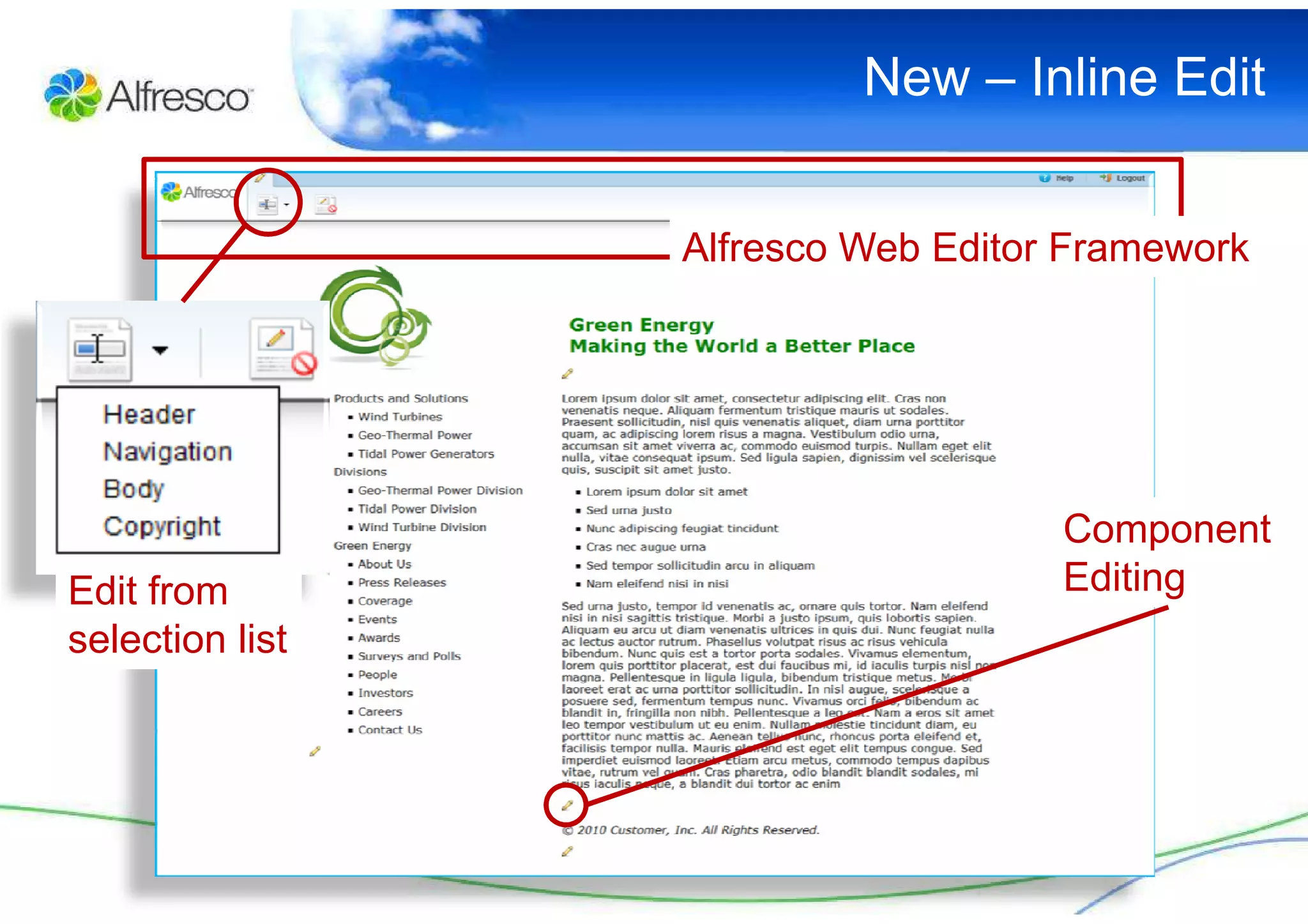 New – Inline Edit


                 Alfresco Web Editor Framework




                                    Component
Edit from                           Editing
selection list
 