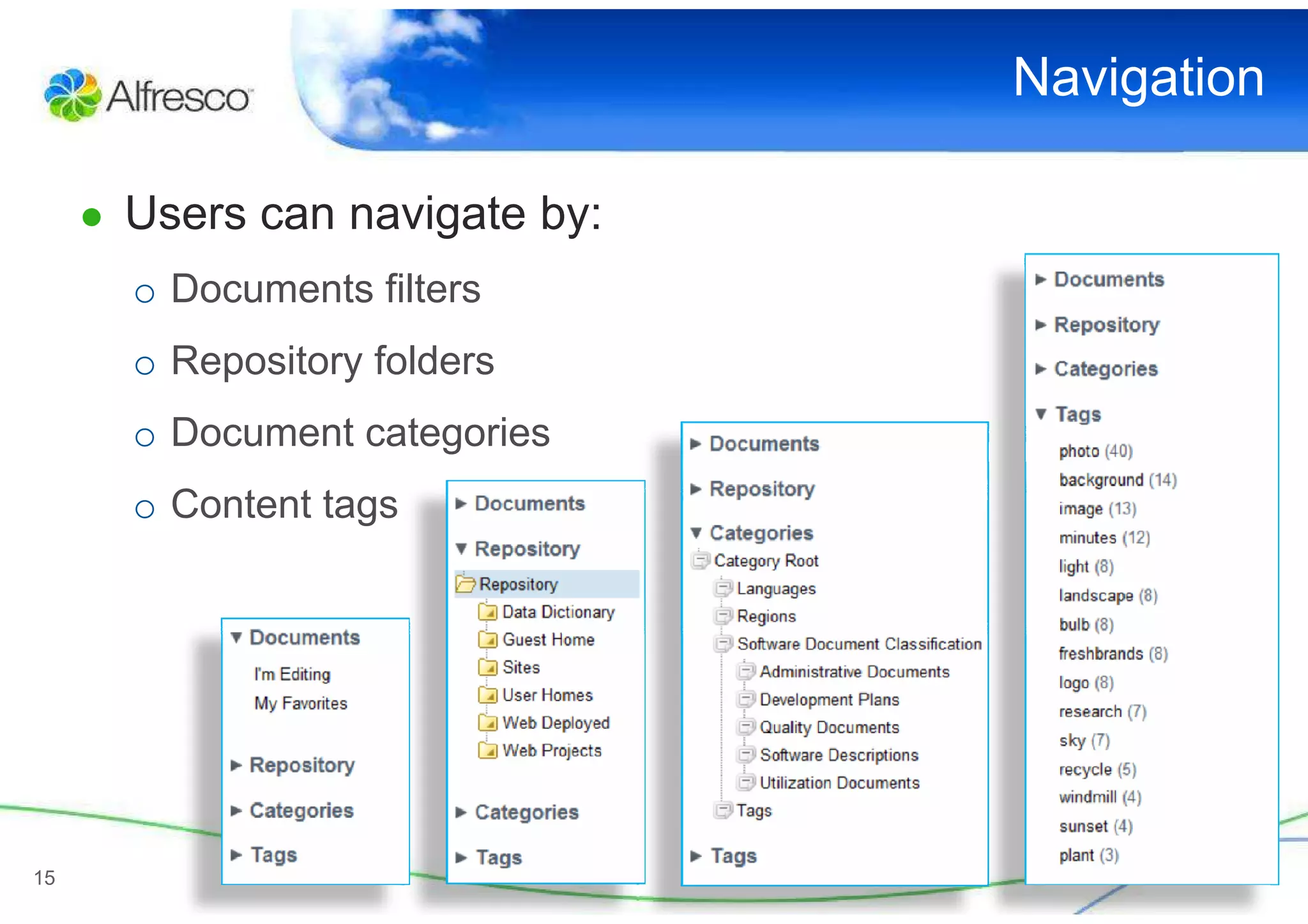 Navigation

     ● Users can navigate by:
       o Documents filters
       o Repository folders
       o Document categories
       o Content tags




15
 