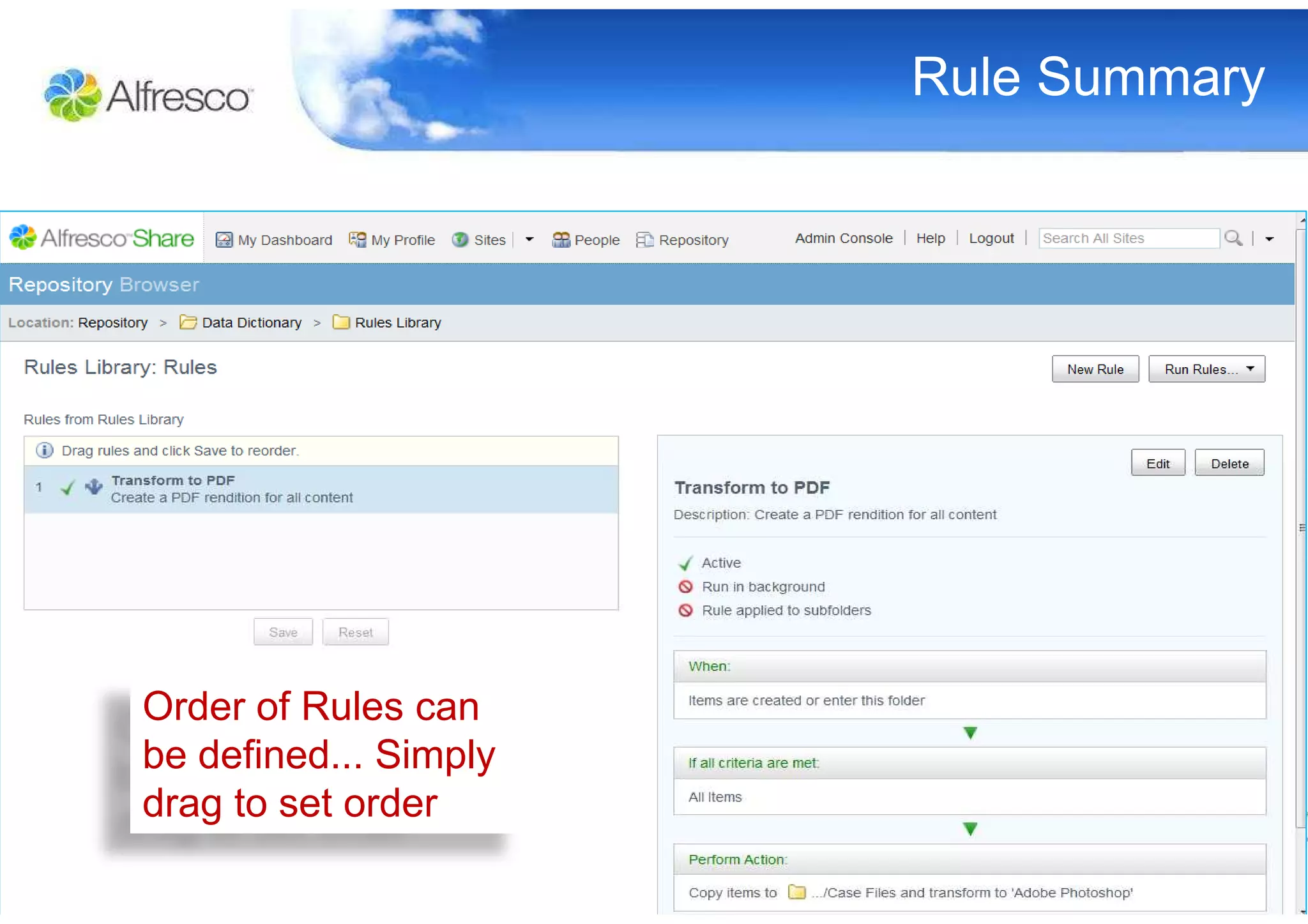 Rule Summary




Order of Rules can
be defined... Simply
drag to set order
 