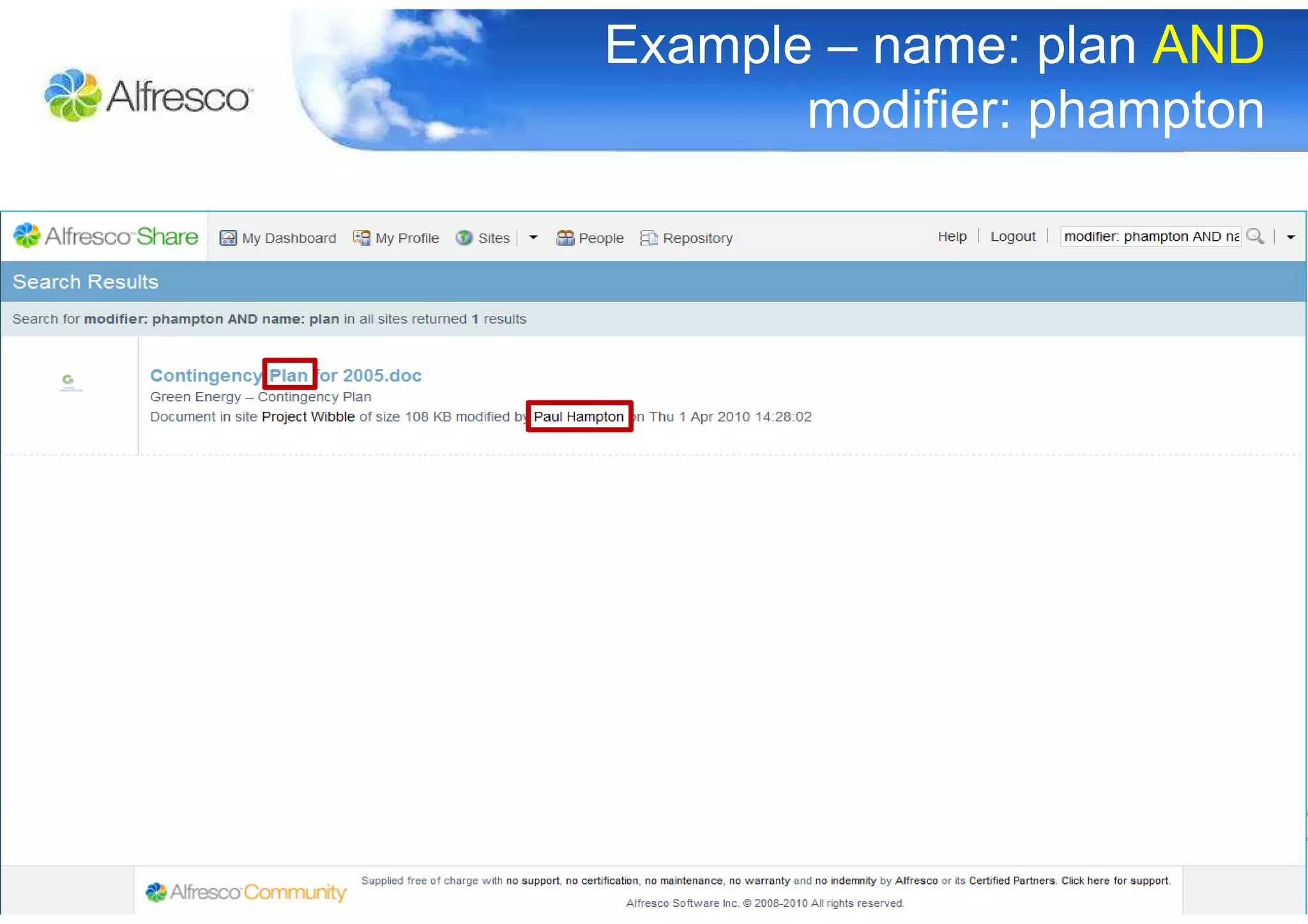 Example – name: plan AND
       modifier: phampton
 