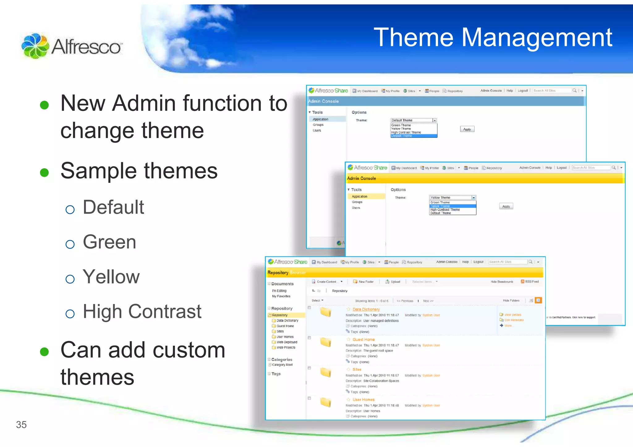 Theme Management

     ● New Admin function to
       change theme
     ● Sample themes
       o Default
       o Green
       o Yellow
       o High Contrast

     ● Can add custom
       themes
35
 