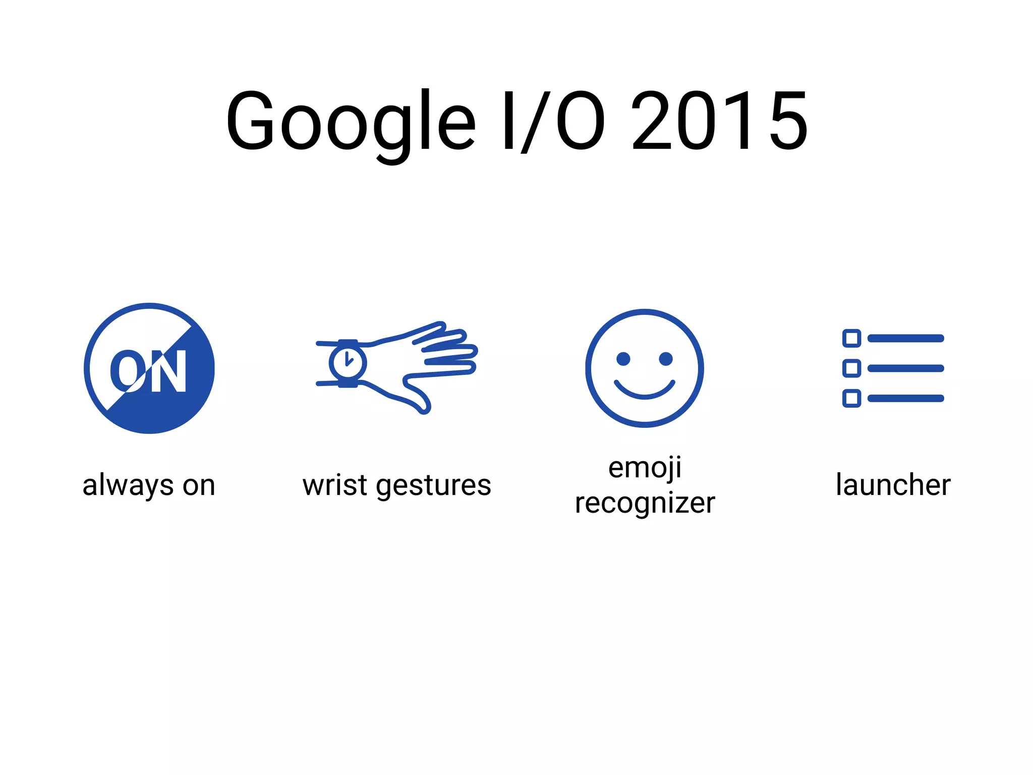 wrist gestures
emoji
recognizer
launcher
Google I/O 2015
always on
 