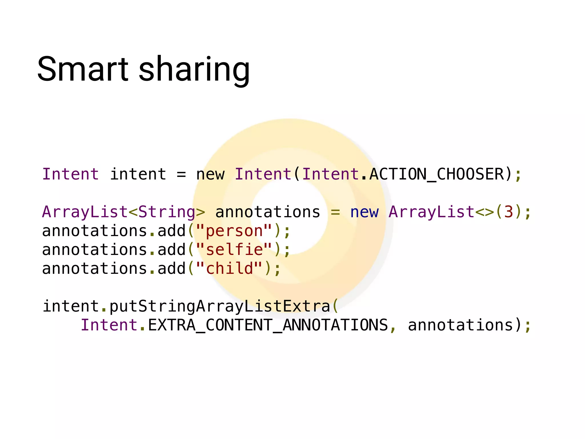 Autosizing TextView
• Granularity 
Choose the best text size based on available space in range on
minimum & maximum sizes & a dimension that speciﬁes the size
of step
• Preset Sizes 
Choose the best text size from predeﬁned sizes
 