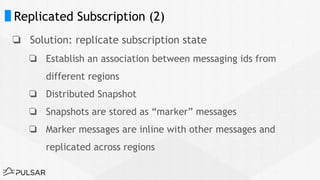 Replicated Subscription (2)
❏ Solution: replicate subscription state
❏ Establish an association between messaging ids from
different regions
❏ Distributed Snapshot
❏ Snapshots are stored as “marker” messages
❏ Marker messages are inline with other messages and
replicated across regions
 