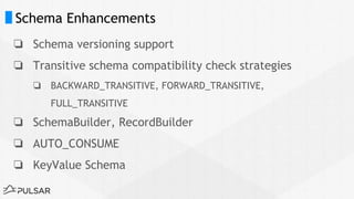 Schema Enhancements
❏ Schema versioning support
❏ Transitive schema compatibility check strategies
❏ BACKWARD_TRANSITIVE, FORWARD_TRANSITIVE,
FULL_TRANSITIVE
❏ SchemaBuilder, RecordBuilder
❏ AUTO_CONSUME
❏ KeyValue Schema
 