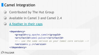 Camel Integration
❏ Contributed by The Hut Group
❏ Available in Camel 3 and Camel 2.4
❏ A feather in their caps
 