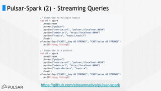 Pulsar-Spark (2) - Streaming Queries
https://github.com/streamnative/pulsar-spark
 