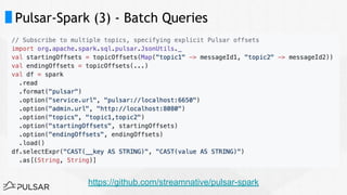 Pulsar-Spark (3) - Batch Queries
https://github.com/streamnative/pulsar-spark
 