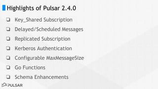 Highlights of Pulsar 2.4.0
❏ Key_Shared Subscription
❏ Delayed/Scheduled Messages
❏ Replicated Subscription
❏ Kerberos Authentication
❏ Configurable MaxMessageSize
❏ Go Functions
❏ Schema Enhancements
 