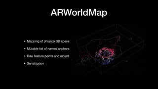 ARWorldMap
• Mapping of physical 3D space

• Mutable list of named anchors

• Raw feature points and extent

• Serialization
 