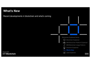 What’s New
Recent developments in blockchain and what’s coming
9 August 2019
Blockchain Explained Series
Blockchain Explained
IBM Blockchain Platform Explained
Solutions Explained
Labs Explained
What’s New
IBM Blockchain Usage Patterns
 