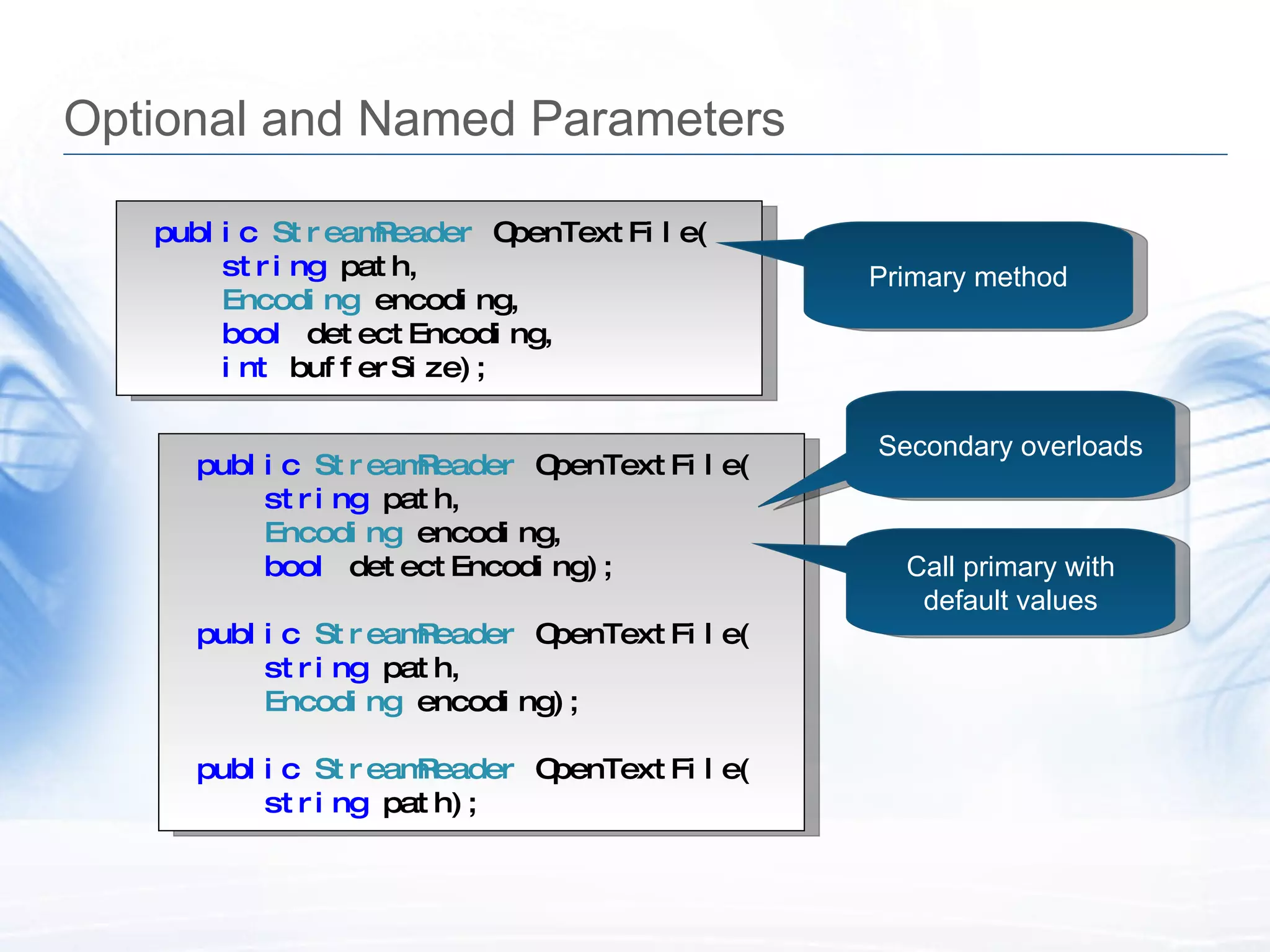Optional and Named Parameters public   StreamReader  OpenTextFile( string  path, Encoding  encoding, bool  detectEncoding, int  bufferSize); public   StreamReader  OpenTextFile( string  path, Encoding  encoding, bool  detectEncoding); public   StreamReader  OpenTextFile( string  path, Encoding  encoding); public   StreamReader  OpenTextFile( string  path); Primary method Secondary overloads Call primary with default values 