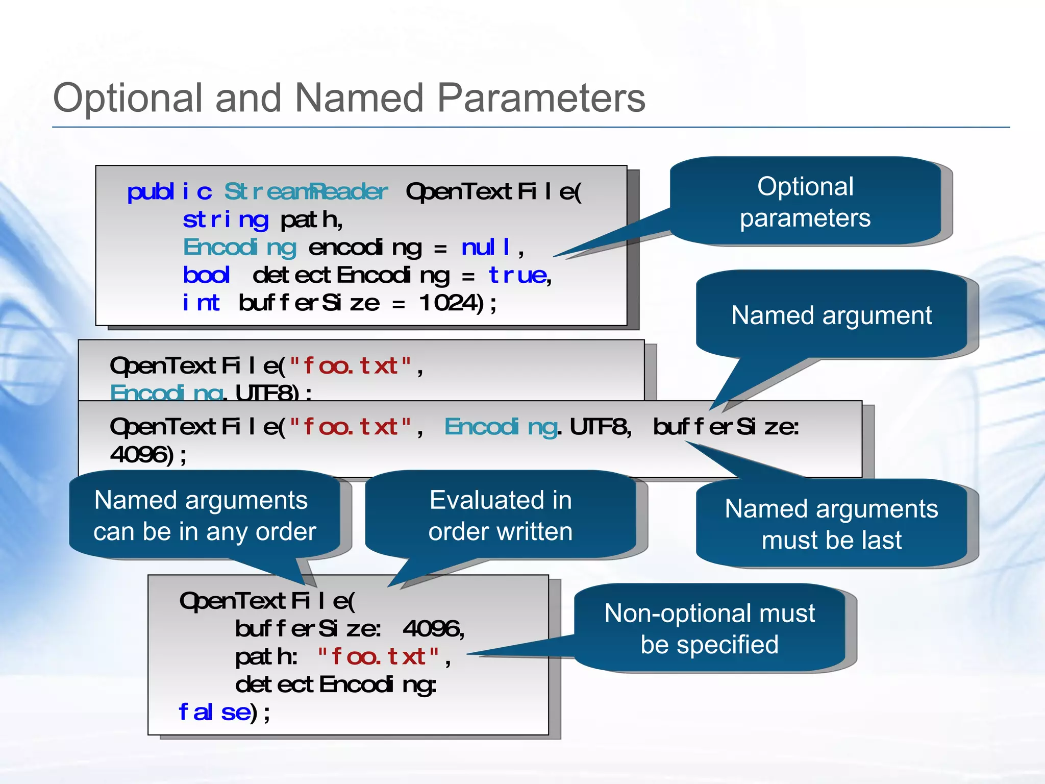 Optional and Named Parameters public   StreamReader  OpenTextFile( string  path, Encoding  encoding, bool  detectEncoding, int  bufferSize); public   StreamReader  OpenTextFile( string  path, Encoding  encoding =  null , bool  detectEncoding =  true , int  bufferSize = 1024); Optional parameters OpenTextFile( "foo.txt" ,  Encoding .UTF8); OpenTextFile( "foo.txt" ,  Encoding .UTF8, bufferSize: 4096); Named argument OpenTextFile( bufferSize: 4096, path:  "foo.txt" , detectEncoding:  false ); Named arguments must be last Non-optional must be specified Evaluated in order written Named arguments  can be in any order 