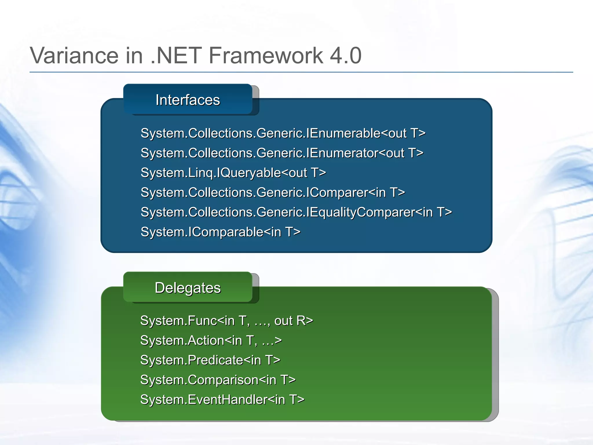 Variance in .NET Framework 4.0 System.Collections.Generic.IEnumerable<out T> System.Collections.Generic.IEnumerator<out T> System.Linq.IQueryable<out T> System.Collections.Generic.IComparer<in T> System.Collections.Generic.IEqualityComparer<in T> System.IComparable<in T> Interfaces System.Func<in T, &hellip;, out R> System.Action<in T, &hellip;> System.Predicate<in T> System.Comparison<in T> System.EventHandler<in T> Delegates 