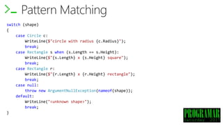 switch (shape)
{
case Circle c:
WriteLine($"circle with radius {c.Radius}");
break;
case Rectangle s when (s.Length == s.Height):
WriteLine($"{s.Length} x {s.Height} square");
break;
case Rectangle r:
WriteLine($"{r.Length} x {r.Height} rectangle");
break;
case null:
throw new ArgumentNullException(nameof(shape));
default:
WriteLine("<unknown shape>");
break;
}
Pattern Matching
 