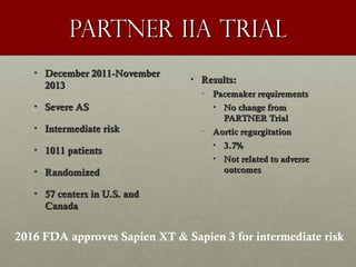 PARTNER IIA TRIALPARTNER IIA TRIAL
• December 2011-NovemberDecember 2011-November
20132013
• Severe ASSevere AS
• Intermediate riskIntermediate risk
• 1011 patients1011 patients
• RandomizedRandomized
• 57 centers in U.S. and57 centers in U.S. and
CanadaCanada
• Results:Results:
• Pacemaker requirementsPacemaker requirements
• No change fromNo change from
PARTNER TrialPARTNER Trial
• Aortic regurgitationAortic regurgitation
• 3.7%3.7%
• Not related to adverseNot related to adverse
outcomesoutcomes
2016 FDA approves Sapien XT & Sapien 3 for intermediate risk
 