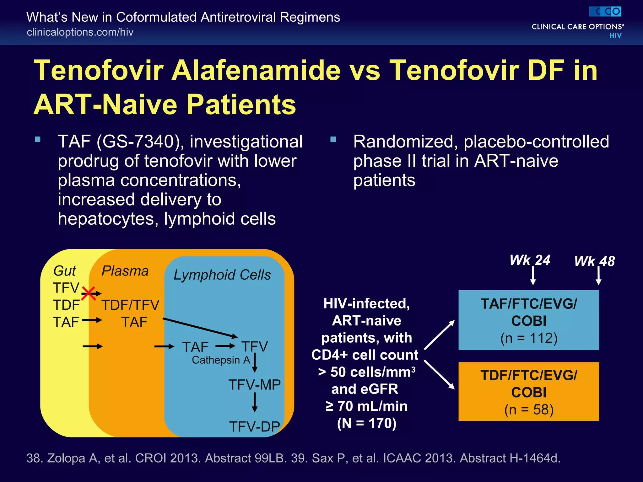 clinicaloptions.com/hiv
What’s New in Coformulated Antiretroviral Regimens
Tenofovir Alafenamide vs Tenofovir DF in
ART-Naive Patients
 TAF (GS-7340), investigational
prodrug of tenofovir with lower
plasma concentrations,
increased delivery to
hepatocytes, lymphoid cells
 Randomized, placebo-controlled
phase II trial in ART-naive
patients
38. Zolopa A, et al. CROI 2013. Abstract 99LB. 39. Sax P, et al. ICAAC 2013. Abstract H-1464d.
HIV-infected,
ART-naive
patients, with
CD4+ cell count
> 50 cells/mm3
and eGFR
≥ 70 mL/min
(N = 170)
TAF/FTC/EVG/
COBI
(n = 112)
TDF/FTC/EVG/
COBI
(n = 58)
Wk 48Wk 24
Gut
TFV
TDF
TAF
Plasma
TDF/TFV
TAF
Lymphoid Cells
TAF TFV
TFV-MP
TFV-DP
Cathepsin A
 