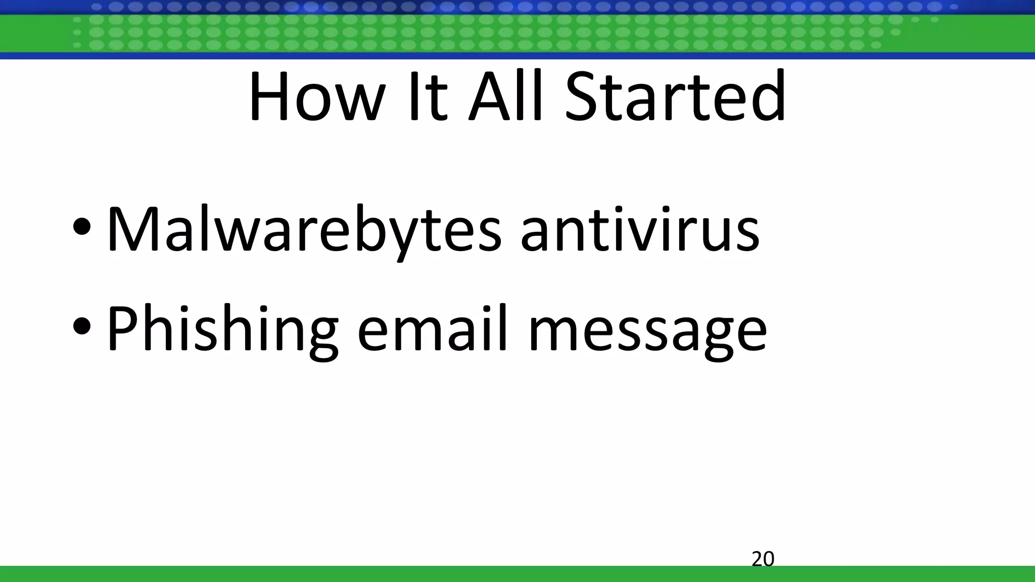 How It All Started
• Malwarebytes antivirus
• Phishing email message
20
 