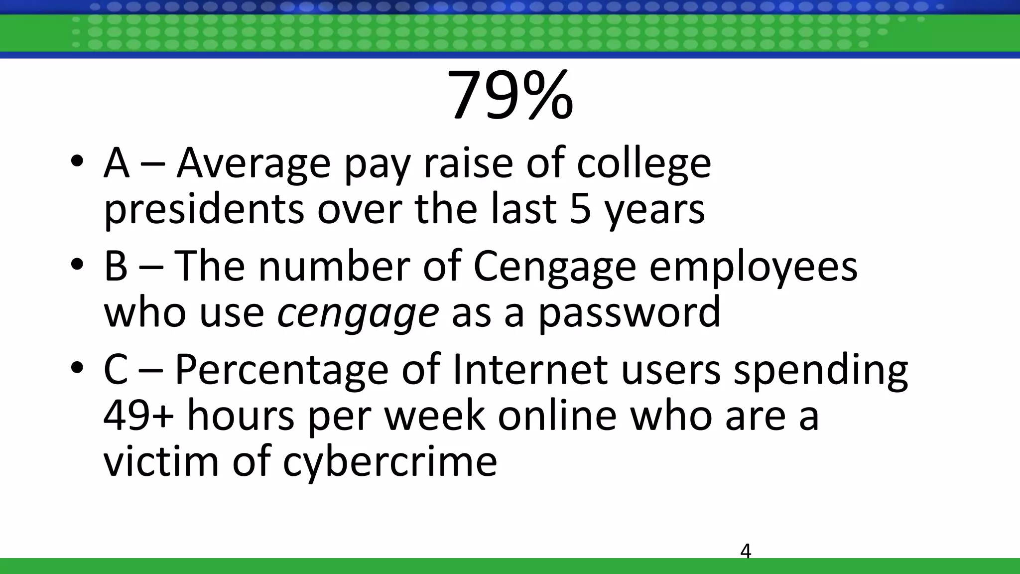 79%
• A – Average pay raise of college
presidents over the last 5 years
• B – The number of Cengage employees
who use cengage as a password
• C – Percentage of Internet users spending
49+ hours per week online who are a
victim of cybercrime
4
 