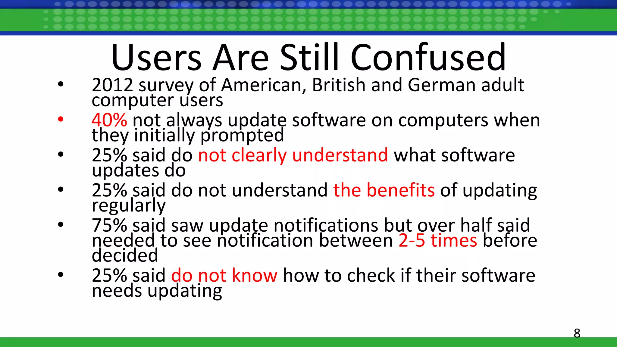 Users Are Still Confused
• 2012 survey of American, British and German adult
computer users
• 40% not always update software on computers when
they initially prompted
• 25% said do not clearly understand what software
updates do
• 25% said do not understand the benefits of updating
regularly
• 75% said saw update notifications but over half said
needed to see notification between 2-5 times before
decided
• 25% said do not know how to check if their software
needs updating
8
 