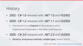 History
• 2002 - C# 1.0 released with .NET 1.0 and VS2002
• 2003 - C# 1.2 released with .NET 1.1 and VS2003
• First version to call Dispose on IEnumerators which
implemented IDisposable. A few other small features.
• 2005 - C# 2.0 released with .NET 2.0 and VS2005
• Generics, anonymous methods, nullable types, iterator blocks
Credit to Jon Skeet - http://stackoverflow.com/a/247623
 