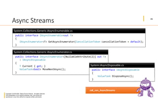 21
Copyright © 2019-2020 Manoj Kumar Sharma. All rights reserved.
This presentation is for training purposes only, and cannot be
reproduced in any form without an express written permission.
Async Streams
public interface IAsyncEnumerator<[NullableAttribute(2)] out T>
: IAsyncDisposable
{
T Current { get; }
ValueTask<bool> MoveNextAsync();
}
System.Collections.Generic.IAsyncEnumerator.csSystem.Collections.Generic.IAsyncEnumerator.cs
public interface IAsyncEnumerable<out T>
{
IAsyncEnumerator<T> GetAsyncEnumerator(CancellationToken cancellationToken = default);
}
System.Collections.Generic.IAsyncEnumerable.csSystem.Collections.Generic.IAsyncEnumerable.cs
public interface IAsyncDisposable
{
ValueTask DisposeAsync();
}
System.IAsyncDisposable.csSystem.IAsyncDisposable.cs
cs8_con_AsyncStreams
 