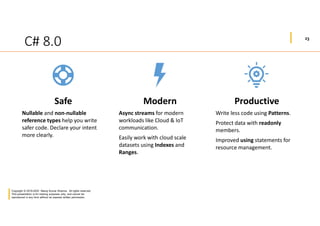 23
Copyright © 2019-2020 Manoj Kumar Sharma. All rights reserved.
This presentation is for training purposes only, and cannot be
reproduced in any form without an express written permission.
C# 8.0
Safe
Nullable and non-nullable
reference types help you write
safer code. Declare your intent
more clearly.
Modern
Async streams for modern
workloads like Cloud & IoT
communication.
Easily work with cloud scale
datasets using Indexes and
Ranges.
Productive
Write less code using Patterns.
Protect data with readonly
members.
Improved using statements for
resource management.
 