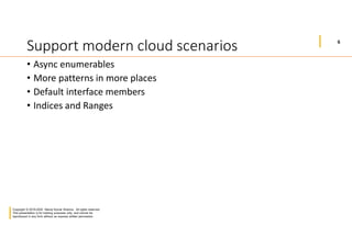 6
Copyright © 2019-2020 Manoj Kumar Sharma. All rights reserved.
This presentation is for training purposes only, and cannot be
reproduced in any form without an express written permission.
Support modern cloud scenarios
• Async enumerables
• More patterns in more places
• Default interface members
• Indices and Ranges
 