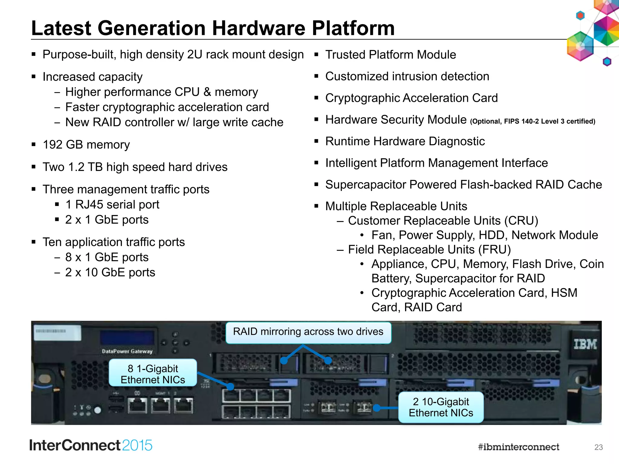 23
Latest Generation Hardware Platform
 Trusted Platform Module
 Customized intrusion detection
 Cryptographic Acceleration Card
 Hardware Security Module (Optional, FIPS 140-2 Level 3 certified)
 Runtime Hardware Diagnostic
 Intelligent Platform Management Interface
 Supercapacitor Powered Flash-backed RAID Cache
 Multiple Replaceable Units
– Customer Replaceable Units (CRU)
• Fan, Power Supply, HDD, Network Module
– Field Replaceable Units (FRU)
• Appliance, CPU, Memory, Flash Drive, Coin
Battery, Supercapacitor for RAID
• Cryptographic Acceleration Card, HSM
Card, RAID Card
 Purpose-built, high density 2U rack mount design
 Increased capacity
‒ Higher performance CPU & memory
‒ Faster cryptographic acceleration card
‒ New RAID controller w/ large write cache
 192 GB memory
 Two 1.2 TB high speed hard drives
 Three management traffic ports
 1 RJ45 serial port
 2 x 1 GbE ports
 Ten application traffic ports
‒ 8 x 1 GbE ports
‒ 2 x 10 GbE ports
2 10-Gigabit
Ethernet NICs
8 1-Gigabit
Ethernet NICs
RAID mirroring across two drives
 