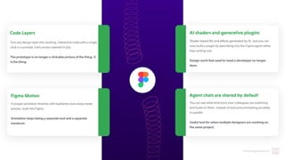 hello@thedigitalmaze.com
CodeLayers
Turn any design layer into working, interactive code with a single
click or a prompt. Early access opened in July.
The prototype is no longer a clickable picture of the thing. It
is the thing.
FigmaMotion
A proper animation timeline with keyframes and ready-made
presets, built into Figma.
Animation stops being a separate tool and a separate
handover
.
AIshadersandgenerativeplugins
Shader based fills and effects generated by AI, and you can
now build a plugin by describing it to the Figma agent rather
than writing one.
Design work that used to need a developer no longer
does.
Agentchatsaresharedbydefault
Y
ou can see what directions your colleagues are exploring
and build on them, instead of everyone prompting privately
in parallel.
Useful tool for when multiple designers are working on
the same project.
 