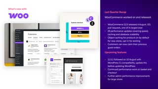 What'snewwith
WooCommerceworkedonandreleased:
LastQuarterRecap
•
•
•
•
WooCommerce11.0released4August,551
pullrequests,oneofitslargestever
28performanceupdatescoveringspeed,
cachinganddatabasescalability
Objectcachingforproductsonbydefault
fornewstores,opt-inforexisting
Customerscannowclaimtheirprevious
guestorders
Upcomingfeatures
•
•
•
11.0.1followedon10Augustwith
WordPress7.1compatibility,updatethis
beforeupdatingWordPress
Continuedperformanceworkonbasketand
checkout
Furtheradminperformanceimprovements
forlargestores
 