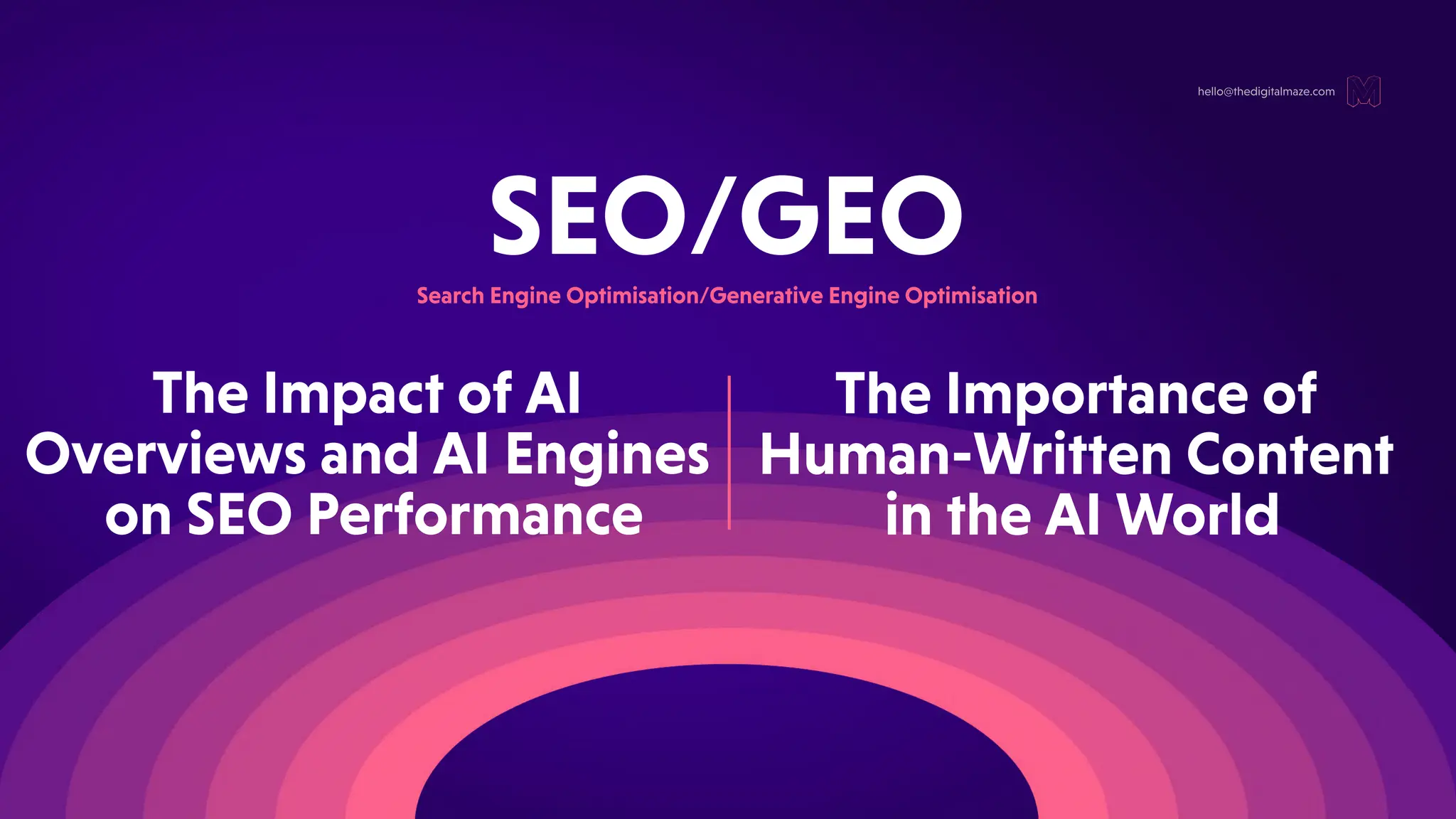 SEO/GEO
hello@thedigitalmaze.com
SearchEngineOptimisation/GenerativeEngineOptimisation
TheImportanceof
Human-WrittenContent
intheAIWorld
TheImpactofAI
OverviewsandAIEngines
onSEOPerformance
 
