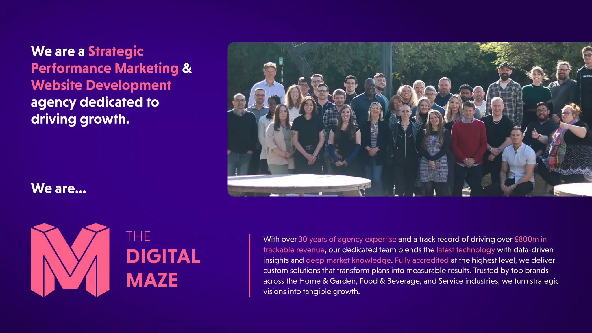 Withover30yearsofagencyexpertiseandatrackrecordofdrivingover£800min
trackablerevenue,ourdedicatedteamblendsthelatesttechnologywithdata-driven
insightsanddeepmarketknowledge.Fullyaccreditedatthehighestlevel,wedeliver
customsolutionsthattransformplansintomeasurableresults.Trustedbytopbrands
acrosstheHome&Garden,Food&Beverage,andServiceindustries,weturnstrategic
visionsintotangiblegrowth.
WeareaStrategic
PerformanceMarketing&
WebsiteDevelopment
agencydedicatedto
drivinggrowth.
Weare…
 