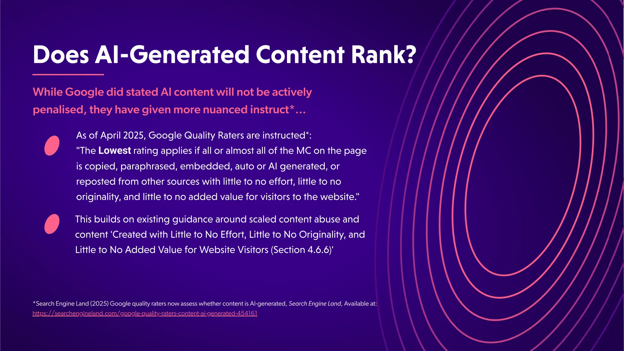 DoesAI-GeneratedContentRank?
While Google did stated AI content will not be actively
penalised, they have given more nuanced instruct*…
*Search Engine Land (2025) Google quality raters now assess whether content is AI-generated, Search Engine Land, Available at:
https://searchengineland.com/google-quality-raters-content-ai-generated-454161
AsofApril2025,GoogleQualityRatersareinstructed*:
"TheLowest ratingappliesifalloralmostalloftheMConthepage
iscopied,paraphrased,embedded,autoorAIgenerated,or
repostedfromothersourceswithlittletonoeffort,littletono
originality,andlittletonoaddedvalueforvisitorstothewebsite."
Thisbuildsonexistingguidancearoundscaledcontentabuseand
content'CreatedwithLittletoNoEffort,LittletoNoOriginality,and
LittletoNoAddedValueforWebsiteVisitors(Section4.6.6)'
 