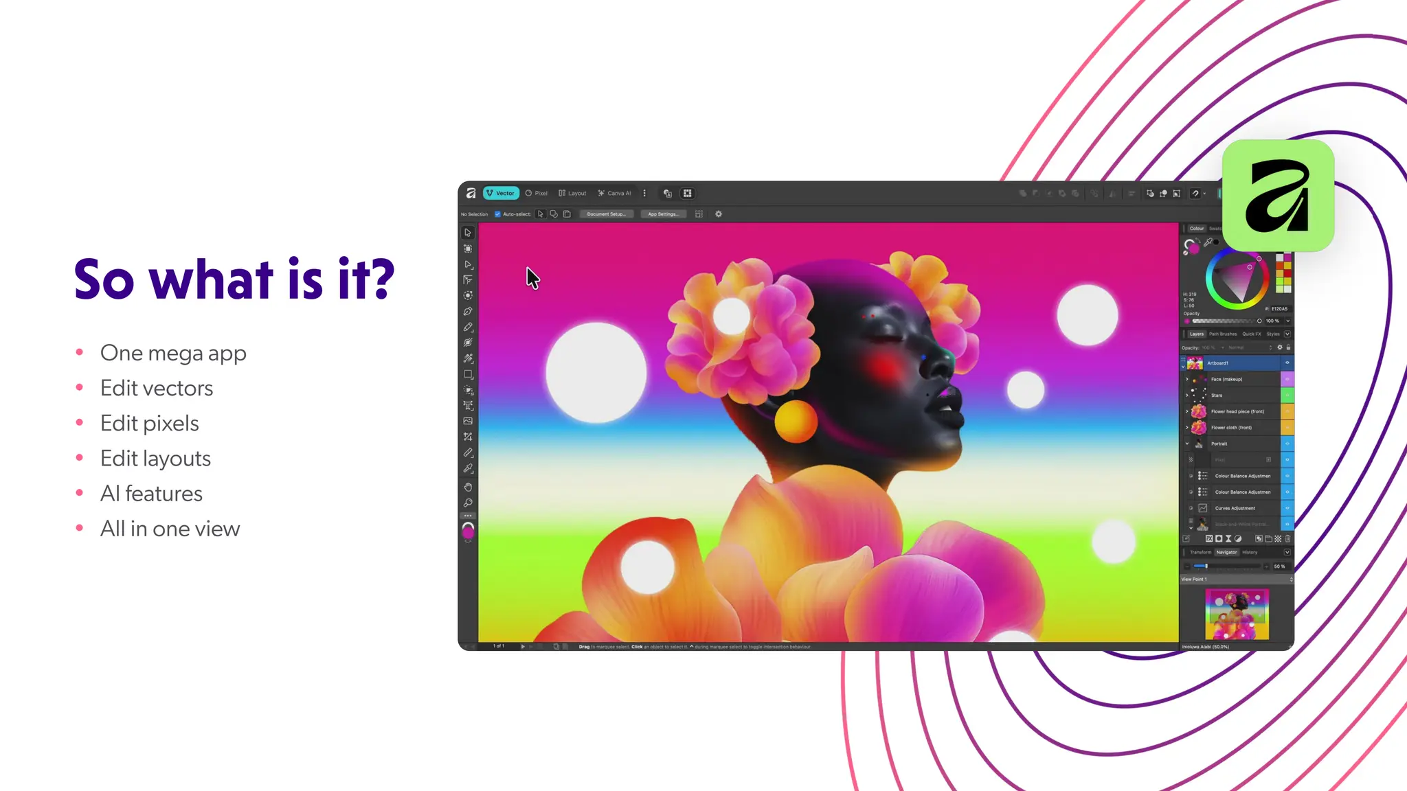 Sowhatisit?
•
•
•
•
•
•
One mega app
Edit vectors
Edit pixels
Edit layouts
AI features
All in one view
 